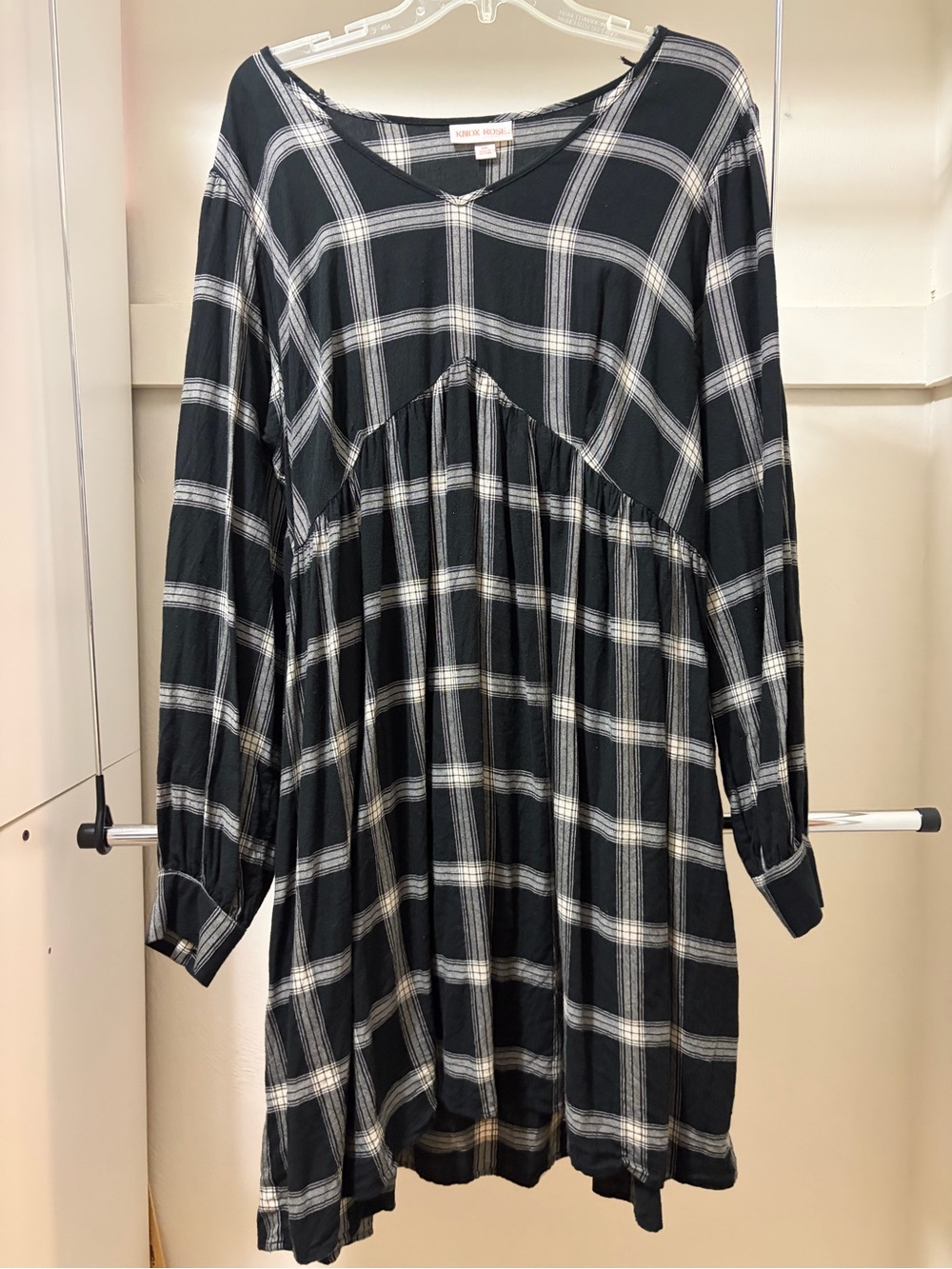 Knox Rose Black and White Plaid Long Sleeve Babydoll Dress